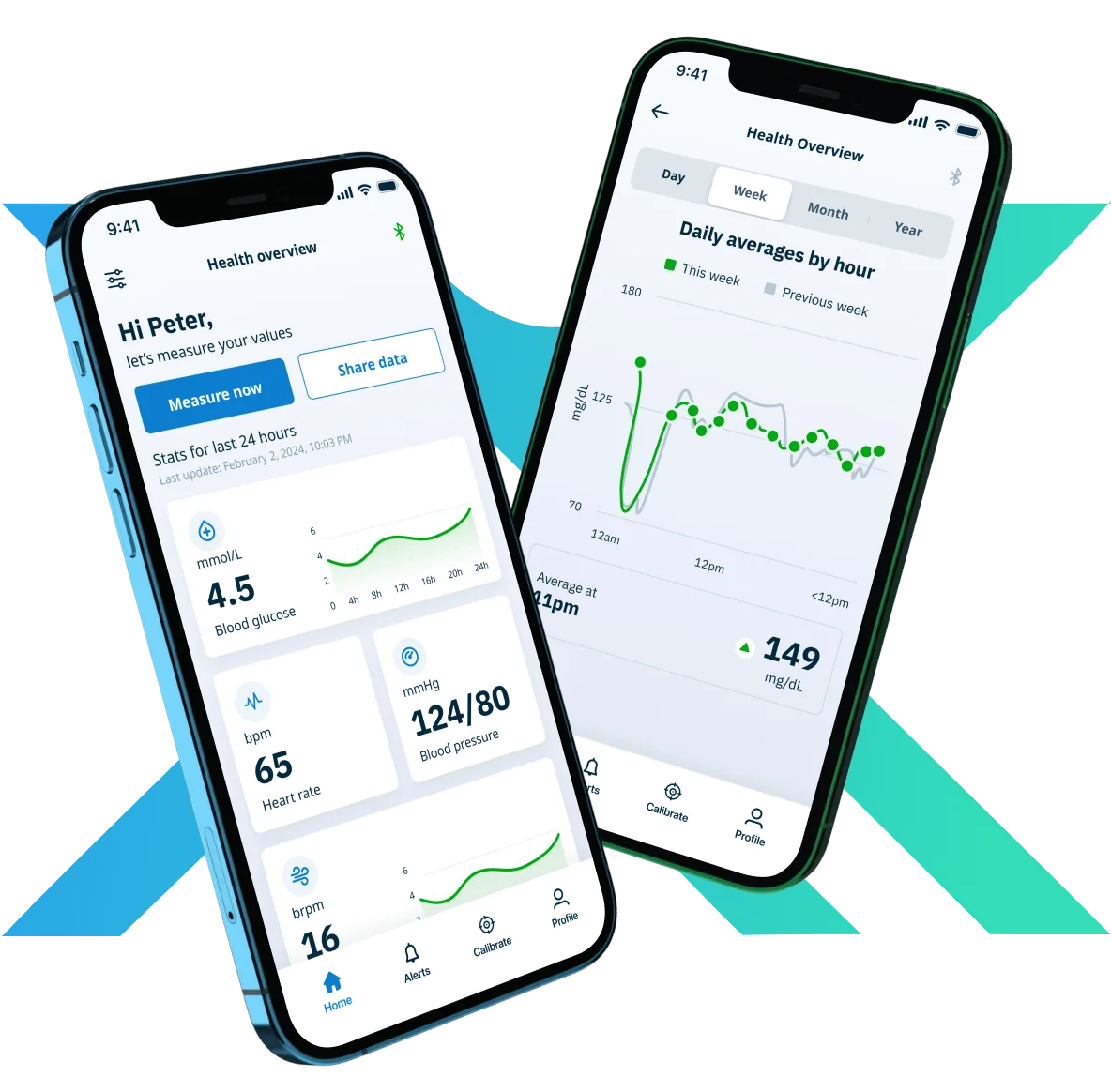 Sequenex companion apps — CGM health overview and daily glucose averages on two phones
